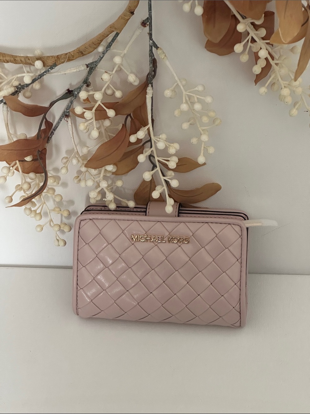 Michael Kors Blush woven Wallet with Gold Logo